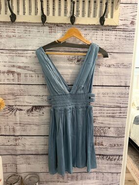 Love Squared Dusty Blue V-Neck Smocked Waist Dress